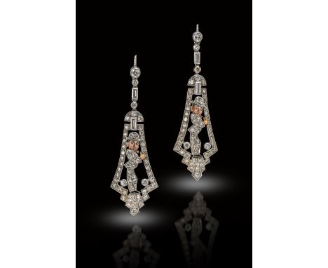 A pair of Art Deco diamond drop earrings incorporating a figure of Lupino Lane, dressed as cockney barrow-boy Bill Snibson fr