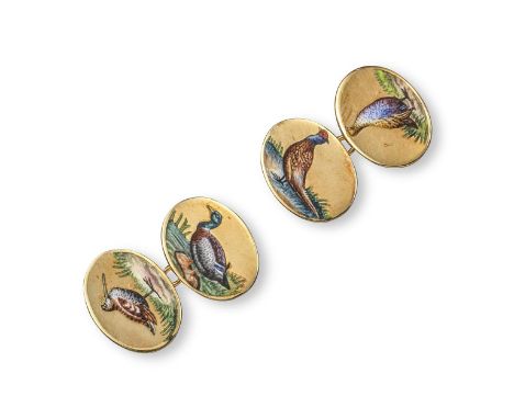 A pair of 18ct yellow gold game bird cufflinks, each oval disc painted with an enamel bird including a mallard, woodcock, par