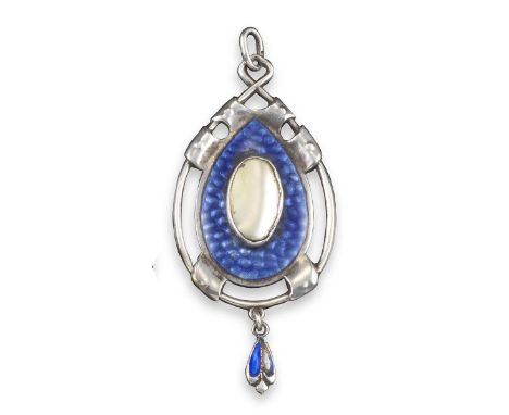 An Arts and Crafts pendant by James Fenton, centred with an oval-shaped flat pearl on blue enamel ground and mounted in silve