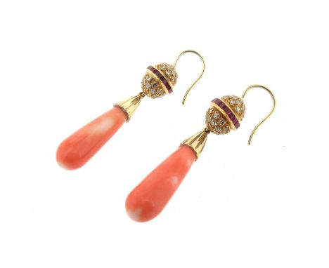 A pair of coral ruby and diamond drop earrings, the spherical ruby sections waisted with a line of calibre-cut rubies in yell