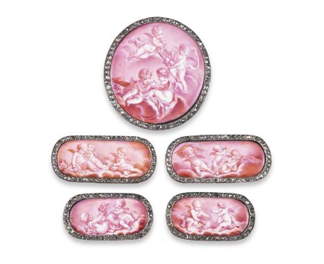 Five oval and circular enamel plaques, C1750 in the manner of Guillaume Loir, each depicting Romantic groups with putti, enam