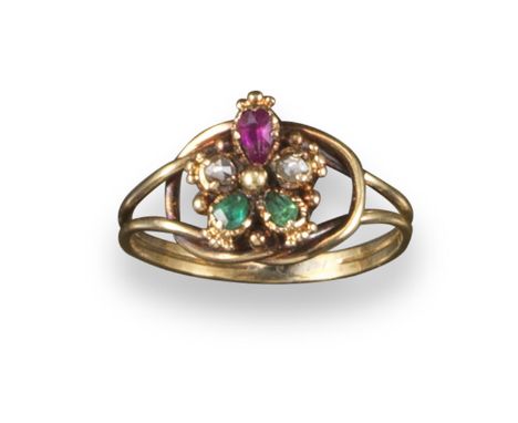 A child's gem-set gold ring, the flowerhead set with diamonds, emeralds and a ruby in yellow gold, size C