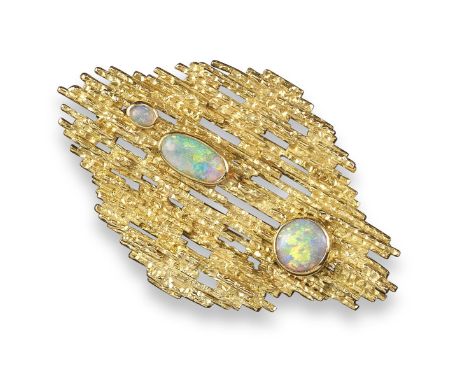 A brutalist style opal mounted gold brooch/pendant by Tiffany and Co, c1970, the lozenge-shaped brooch is set with three grad