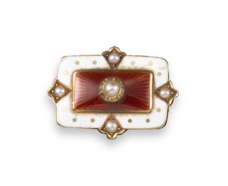 A rectangular brooch by Murrle Bennett & Co, decorated with white and red enamel and seed pearls in yellow gold, maker's mark