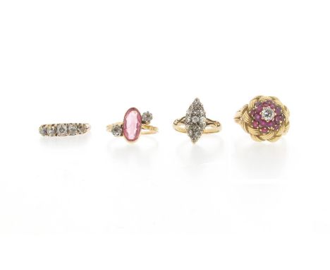 Four rings, including a Victorian navette-shaped diamond cluster ring, set in yellow gold, size Q ½, a pink tourmaline and di