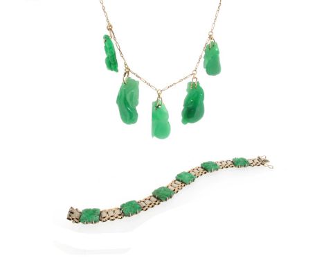 A fine-link gold necklace mounted with five carved jade pendants and six gold beads, 40cm long, with a fancy-link gold bracel