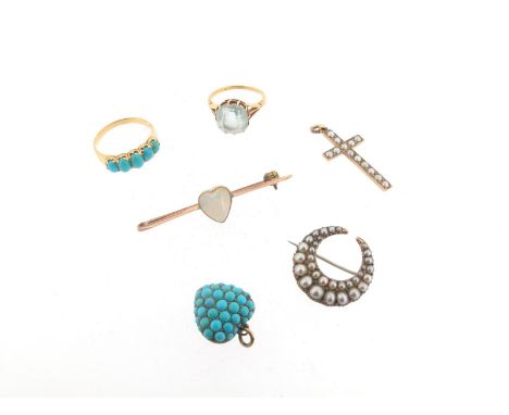 Six items of jewellery including a George III seed pearl set gold closed crescent brooch, a turquoise mounted gold heart pend