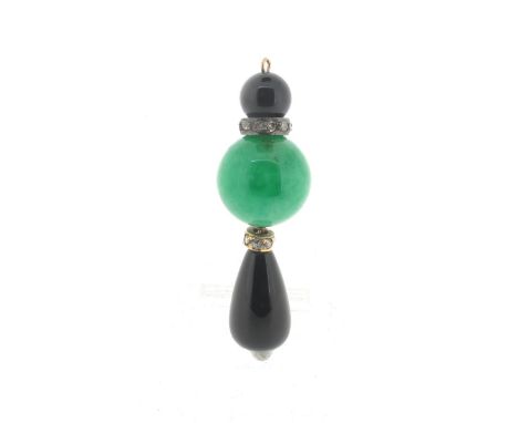 A jade, onyx and diamond pendant, centred with a spherical jade bead between two rose-cut diamond-set gold discs and suspendi