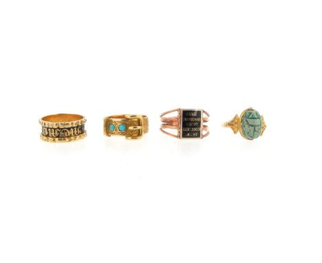 Four gold rings, including a black enamel (damaged) mourning ring with interior inscription dated 1818, the outer shank reads