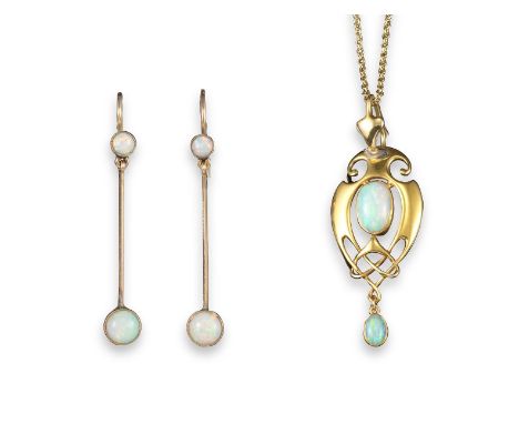 An opal-set gold Art Nouveau pendant by Murrle Bennett & Co, the open-work scroll pendant centred with an oval-shaped opal an