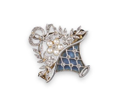 A small Edwardian giardinetto brooch, the basket with diamond set lattice decoration on blue guilloche enamel ground, pearl a