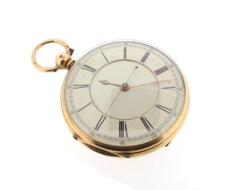 An open face chronograph pocket watch by E Wise, hallmarked London 1877. Signed three-quarter plate key-wind movement with En