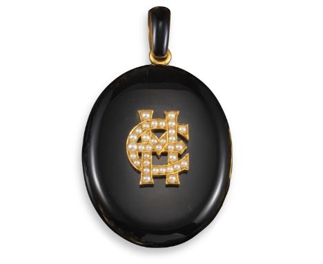 A 19th century gold and black enamel mourning locket, bearing the seed pearl set initials ME to front and a seed pearl-set go