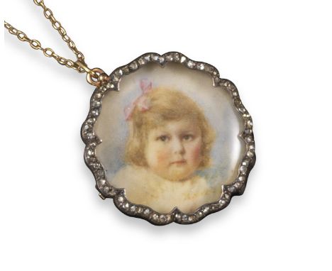 A 19th century gold portrait brooch pendant, set within a scallop-edged border of rose-cut diamonds in silver and gold, close