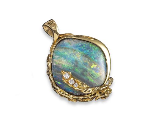 A boulder opal and diamond pendant, the large boulder opal is set in textured and polished yellow gold mount, 6.2cm long