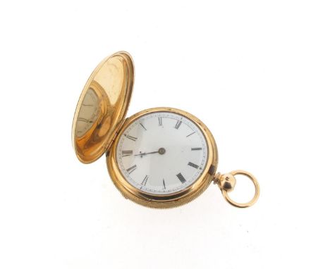 A hunter fob watch by Robert Roskell Liverpool, hallmarked Chester 1868. Signed three-quarter plate key-wind movement with En