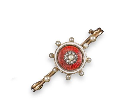 A late 19th century enamel and diamond target brooch, set with a seed pearl and diamond cluster on red enamel ground with a w