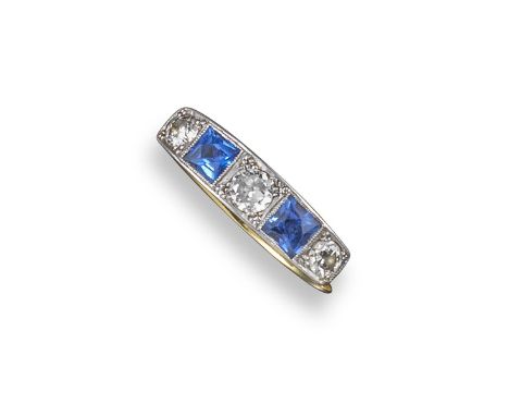 A sapphire and diamond five-stone ring, alternately-set with three graduated circular-cut diamonds and two sapphires in plati