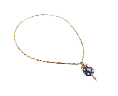 A late 19th century seed pearl and blue enamel locket pendant, with glazed locket compartment to reverse, on snake-link gold 