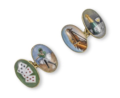 A pair of 18ct gold cufflinks, with enamel decoration depicting the four vices, London marks for 1967, each link 1.8cm long