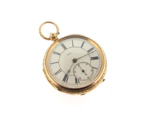 An open-face pocket watch, hallmarked Chester 1874. Unsigned full-plate key-wind fusee and chain movement with English lever 