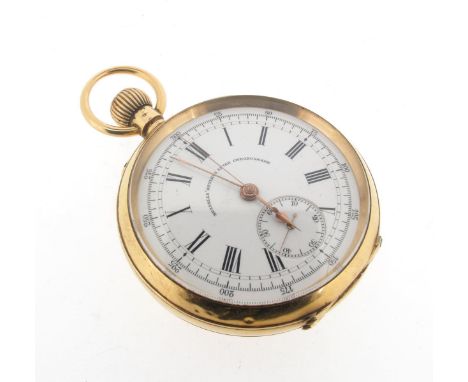 An open face chronograph pocket watch by Russells Lts Liverpool, signed three-quarter plate keyless-wind pin-set movement wit