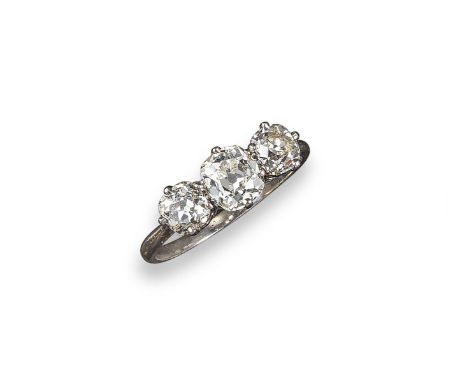 A diamond three stone ring, set with three graduated cushion-shaped diamonds weighing approximately 2.50cts in total, size S 