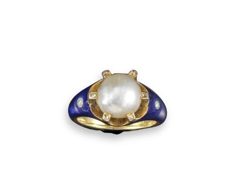 A natural saltwater pearl ring, within diamond surround and diamond shoulders in yellow gold with blue enamel shank, size O ½