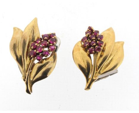 A pair of ruby-set gold foliate earrings, with white gold clip fittings, 2.5cm high