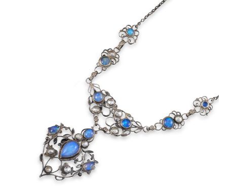 An opal and mother-of-pearl silver necklace attributed to Arthur and Georgie Gaskin, each gem-set plaque set within a surroun