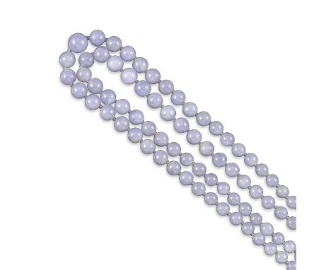 A two-row lavender jade bead necklaces, the beads graduate from 7.41 to 13.30mm, with silver clasp, 52cm long Accompanied by 