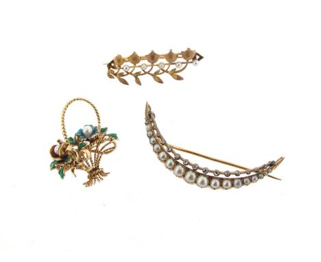 Three small brooches, including a late Victorian diamond and pearl open crescent brooch, set in yellow gold, a pearl and enam