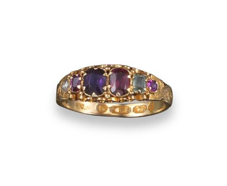 A Regency REGARD ring, set with a ruby, an emerald, a garnet, an amethyst, a ruby and a diamond, spelling out the word 'regar