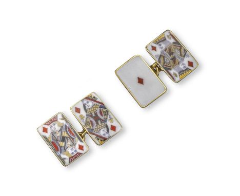 A pair of 18ct gold cufflinks, designed as playing cards, the enamel decoration depicting the Jack, Queen, King and Ace of di