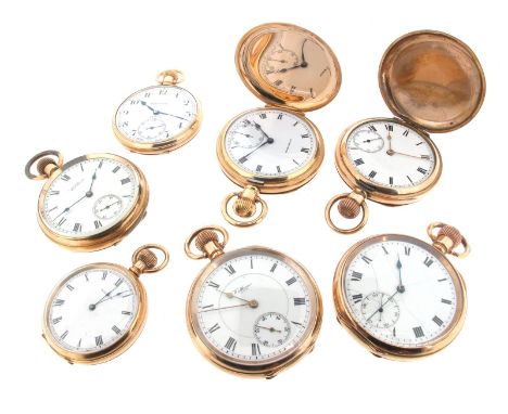 A group of seven rolled gold pocket watches, to include five examples by Waltham, one by Dennison and one by Zenith