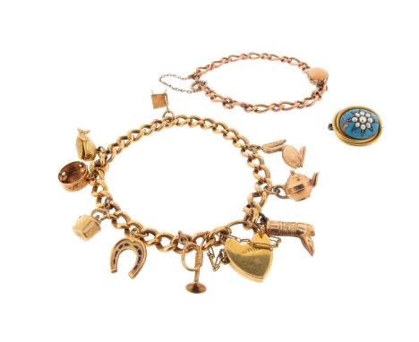 A gold curb-link bracelet alternately set with seed pearls and turquoise cabochons, a gold charm bracelet, a blue enamel and 