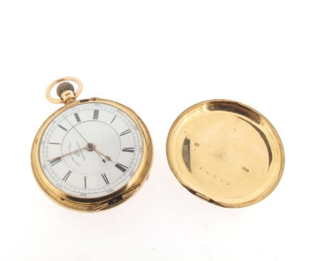 An hunter chronograph pocket watch, hallmarked London 1883. Unsigned three-quarter plate key-wind pin-set movement with Engli