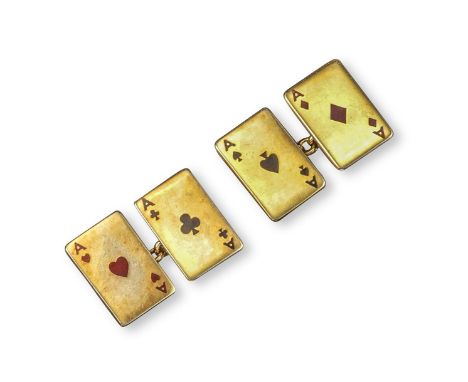 A pair of 9ct yellow gold playing card form cufflinks, each rectangular link painted in enamel as the four aces, Birmingham m