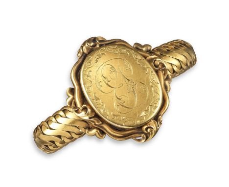 A late Victorian gold locket bracelet, the glazed compartment opening to reveal a portrait of a young girl, with initials ES 