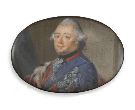 An oval portrait of Frederick the Great, King of Prussia, backed on copper with engraved gold frame, portrait 6cm wide