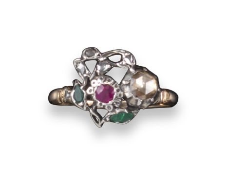 A gem-set foliate ring, set with rose-cut diamonds, a ruby and emeralds in closed back silver and gold mount, size M