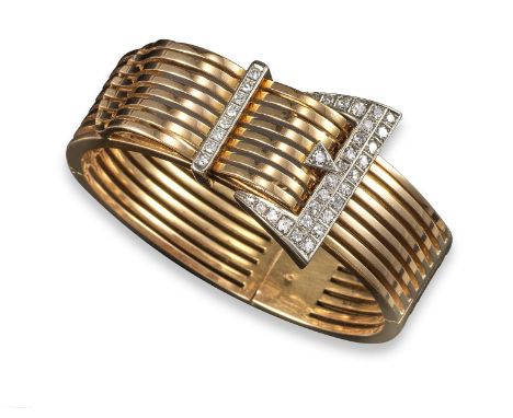 A diamond-set gold strap hinged bangle, the six-bar bangle with stylised buckle set with graduated circular-cut diamonds, 6.2
