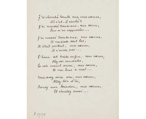 Rainer Maria Rilke    Eigenhändige Abschrift eines Gedichtes von Maurice Maeterlinck. Ohne Ort und Jahr (nach 1900). 1 Seite.