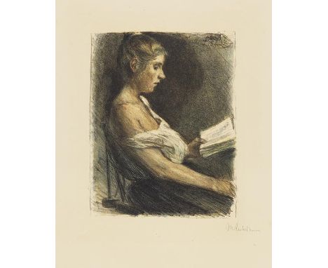 Max Liebermann    Lesendes Mädchen. Orig.-Farblithographie. Signiert. Im Stein mit der ausgekratzten Signatur. 1896. Auf cham