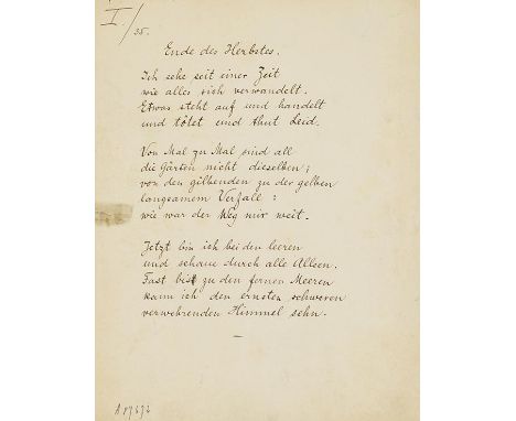 Rainer Maria Rilke    Eigenhändiges Gedicht. Ohne Ort und Jahr (um 1906). 1 Seite. 21 : 16,5 cm. Herbstgedicht in drei Stroph