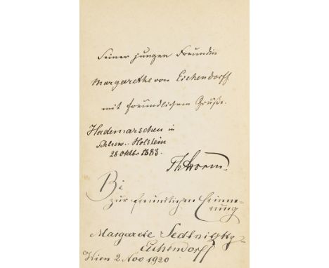 Theodor Storm    Zwei Novellen. Berlin, Paetel 1883. Erste Ausgabe. Mit signierter Widmung Th. Storms auf Vorsatz. Vord. flie