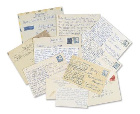 Nelly Sachs    Sammlung von 9 eigenhändigen Post- und Briefkarten m. U., 1 eigh. Brief m. U. sowie 2 eigh. Gedichtmanuskripte