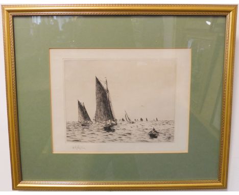WILLIAM LIONEL WYLLIE (1851-1931) - an early 20th century monochrome etching on pale cream paper detailing many sail boats be