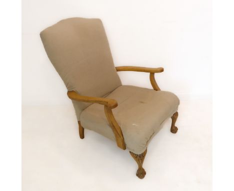 A mid-20th century open armchair; light bleached wood, upholstered seat and back, short cabriole legs carved at the knees wit