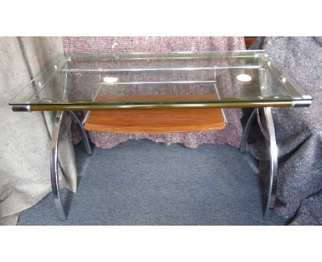 A good and highly stylish retro-design chrome and glass office desk with two-way sliding keyboard shelf, raised on cross sect